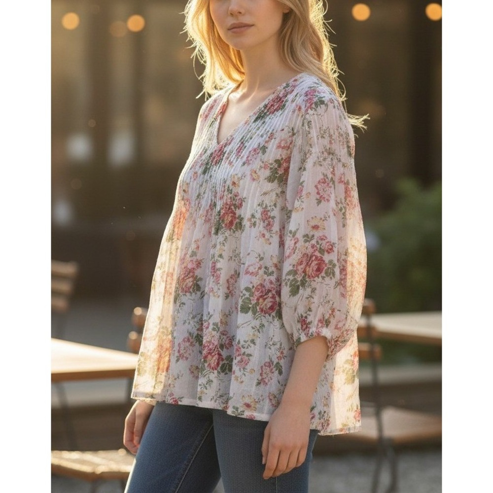 NWT Dolma Floral Pintuck Cotton V-Neck Balloon Sleeve White Pink Blouse Large